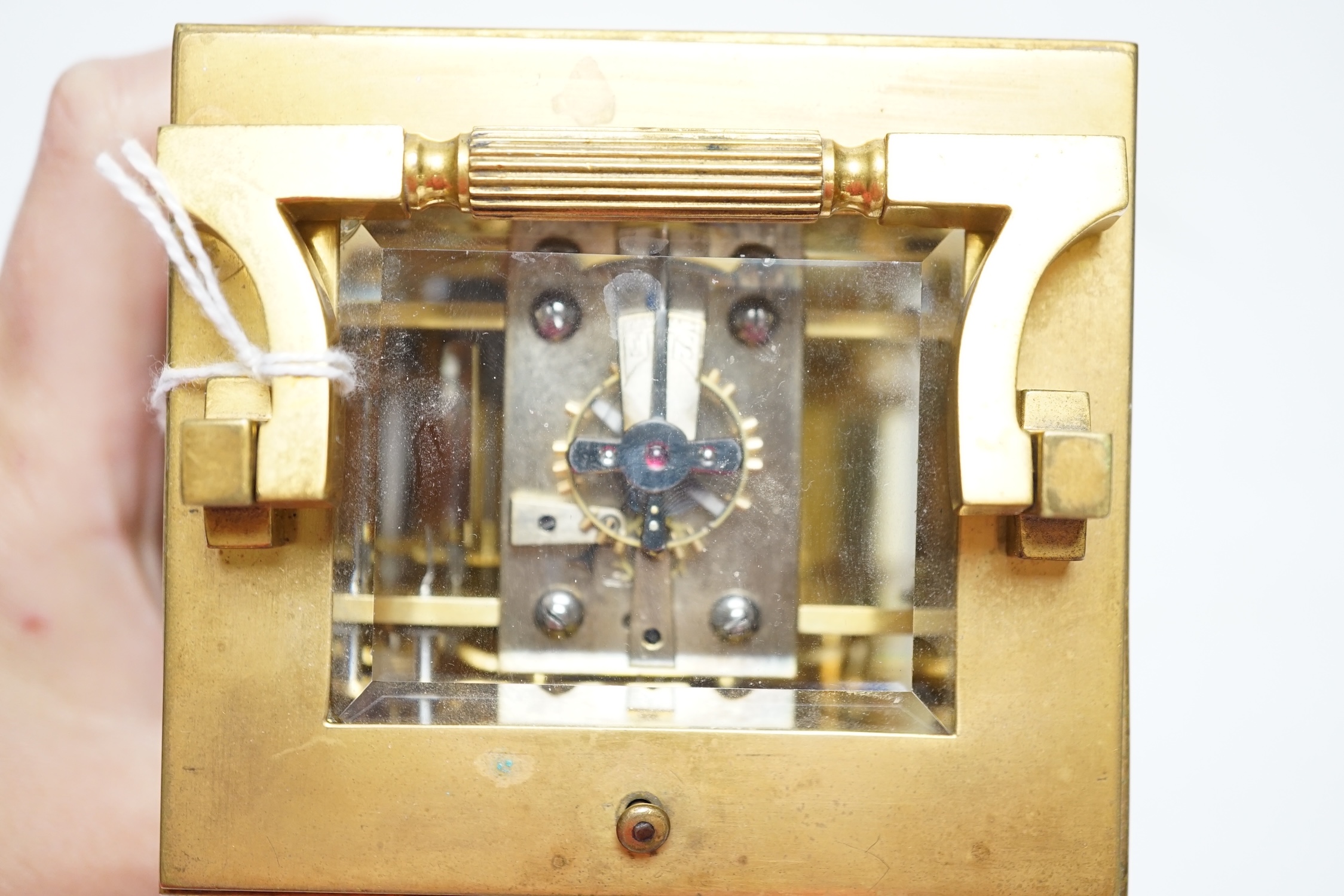 A late 19th century French repeating carriage clock, with Richard movement, in travelling case with key, 15cm